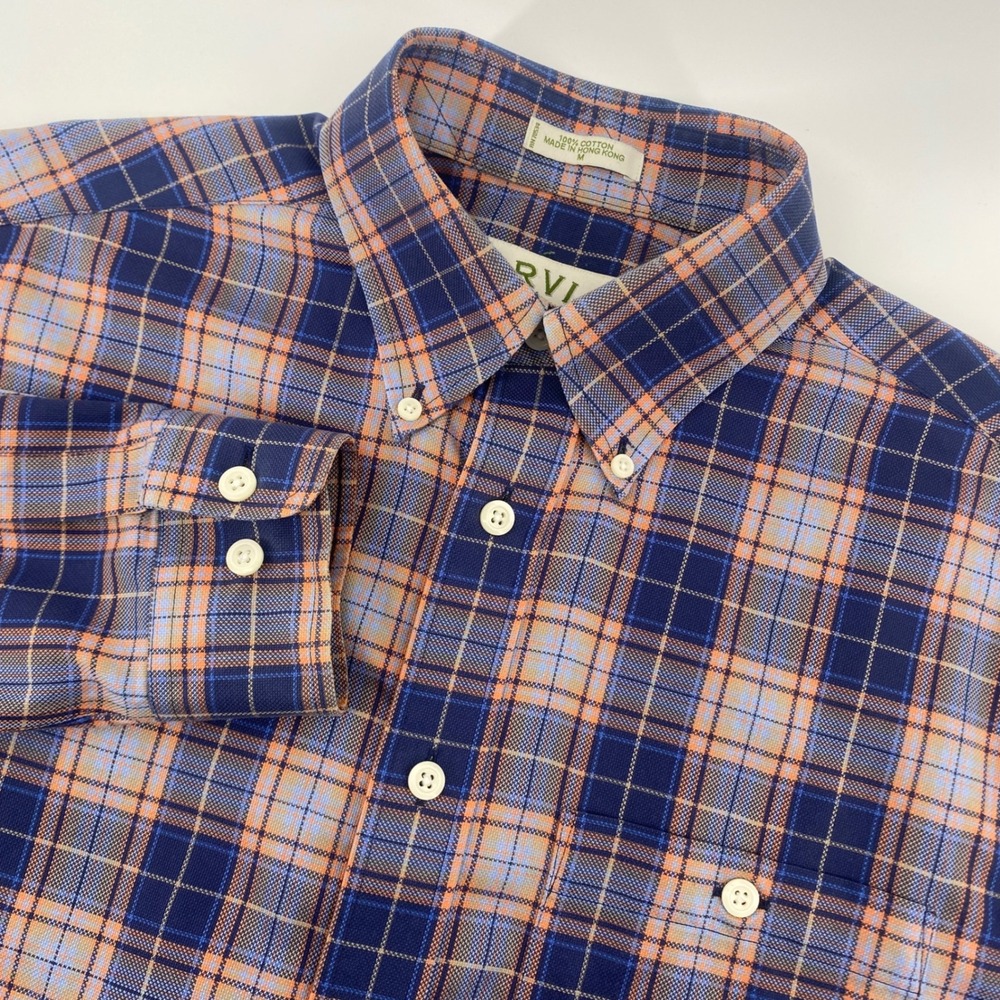 Orvis Button Down Shirt Mens M Blue Orange Plaid Cotton‎ Long Sleeve